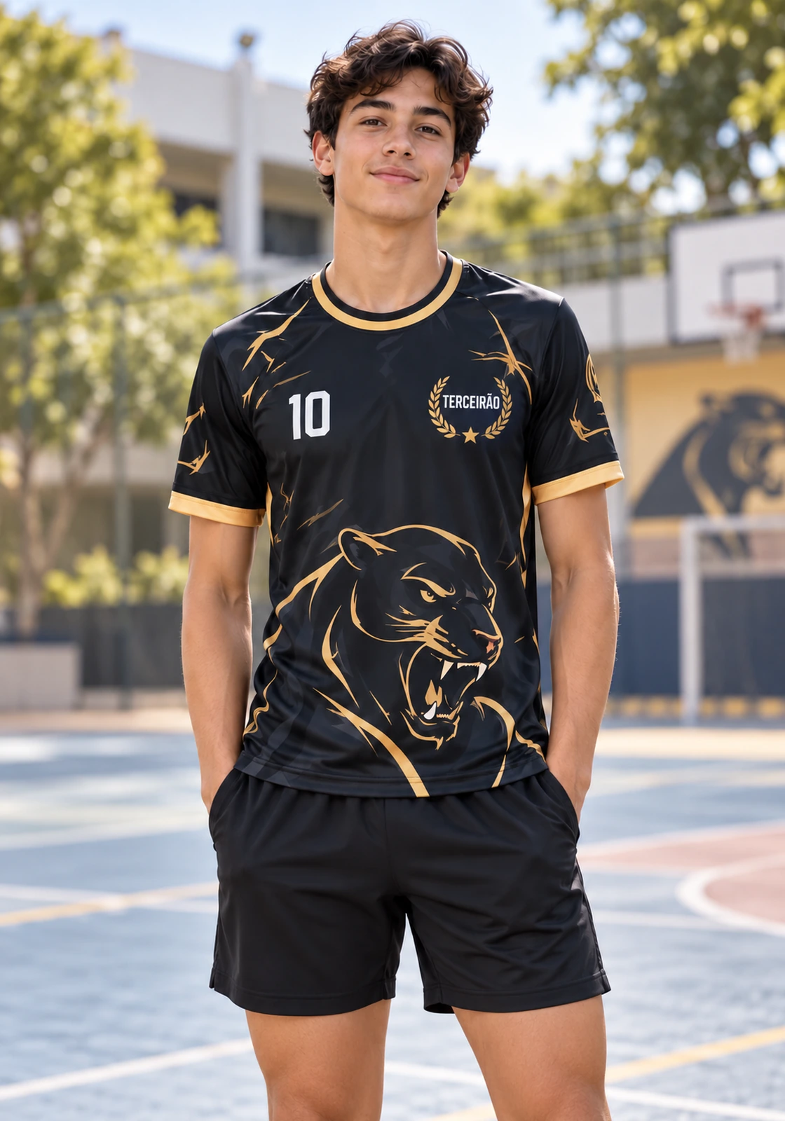 Modelo de camiseta de interclasse Pantera, gola redonda